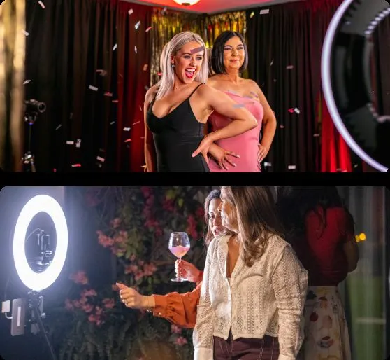 Grid of stills from 360 video booth clips with guests spinning under the camera arm.