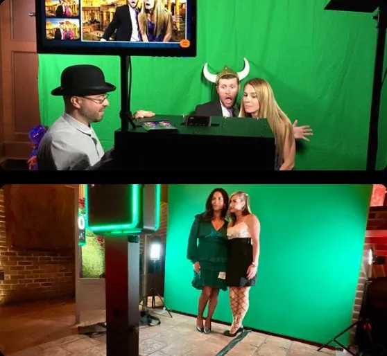 Grid of green screen photo booth shots with guests dropped into custom backgrounds.