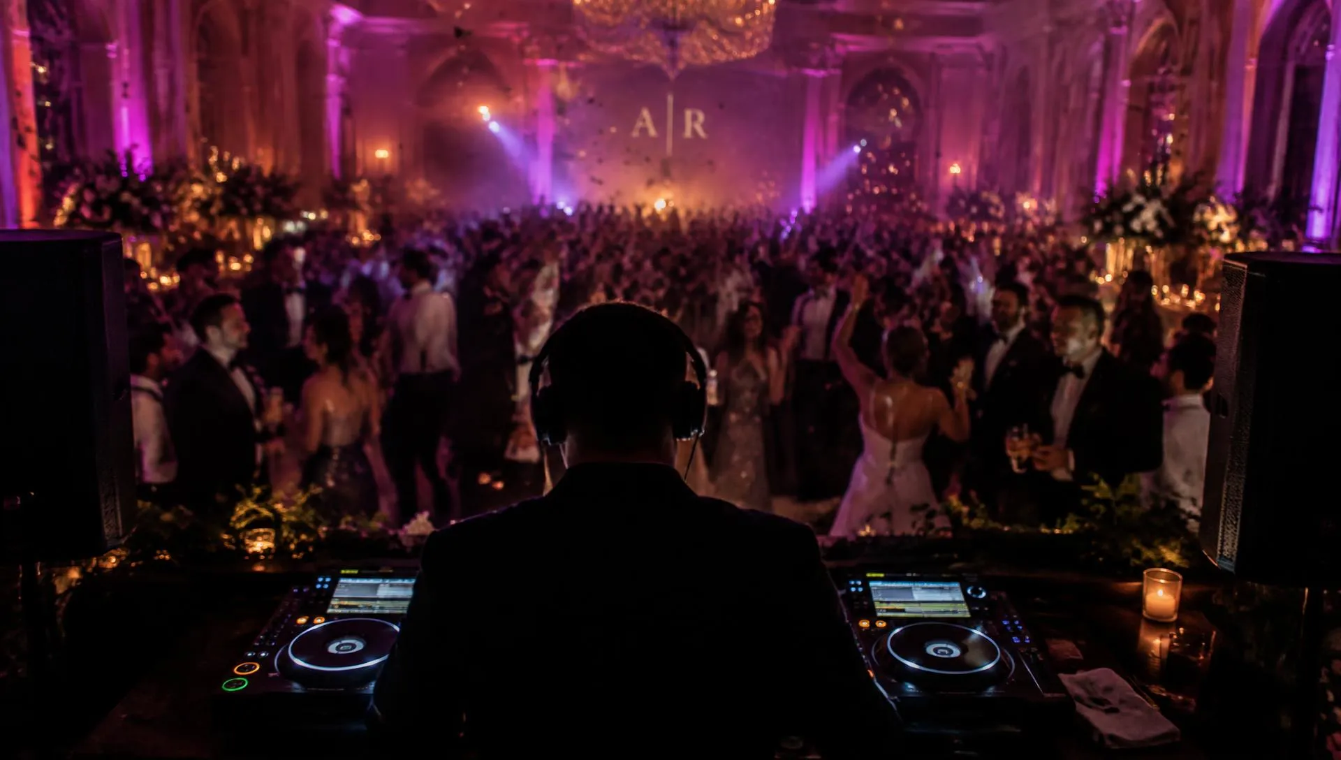 DJ playing to a packed wedding dance floor lit in violet and amber at a Maryland ballroom