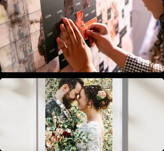 Guests adding their printed photos to a mosaic wall that slowly forms a larger image.