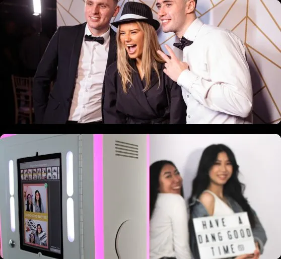 Grid of print photo booth strips showing guests posing with props at several parties.